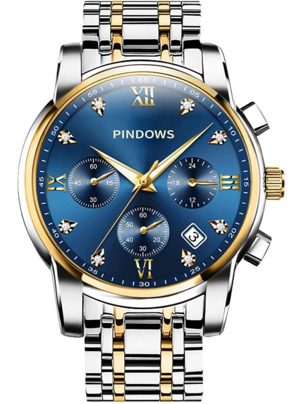 Men's Two Tone Blue Dial Classic Quartz Watch Stainless Steel Diamond Watch